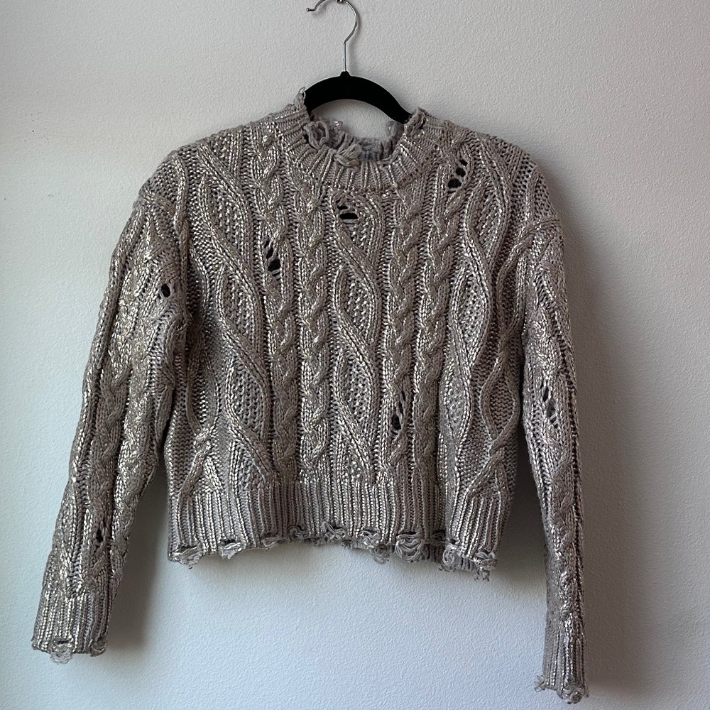 Zara Cropped Distressed Metallic Sweater, Size S